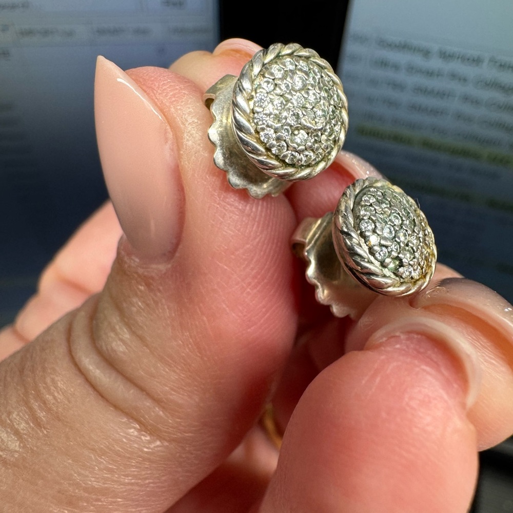 David Yurman Silver Pavé Diamond Round Stud Earrings